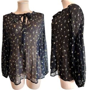 Mango Oversized See Through Navy Floral Long Sleeve Blouse